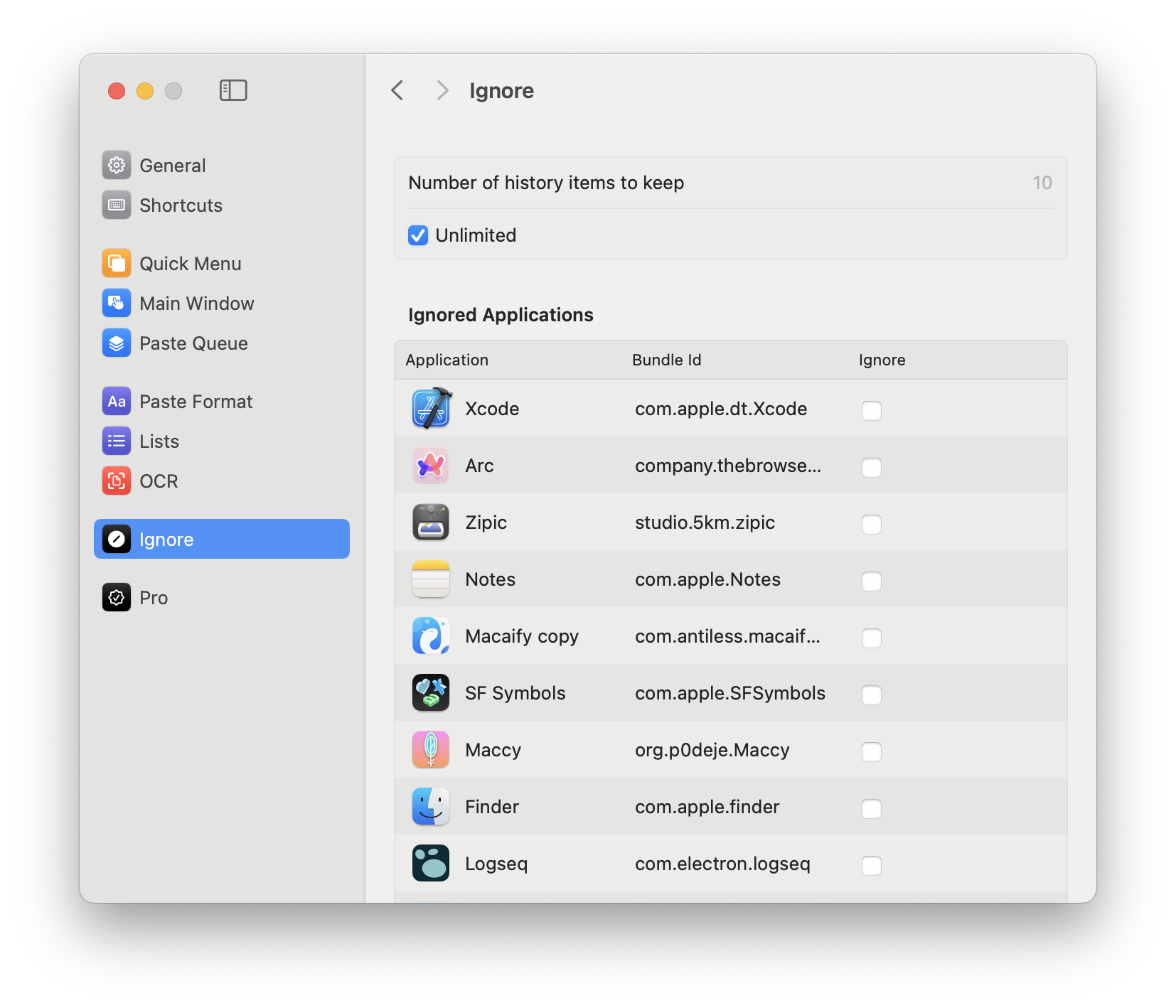 CleanClip Exceptions Settings